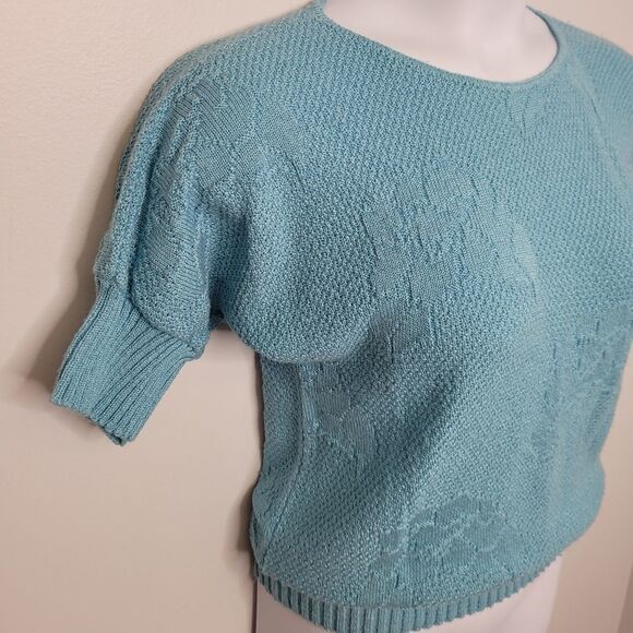 VINTAGE 90s blue‎ sweater floral intarsia short sleeve fitted waist S - Picture 4 of 8